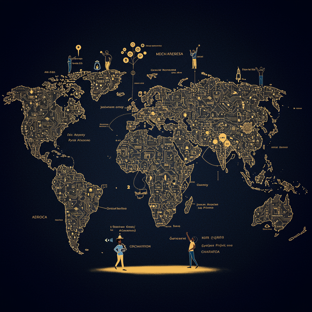 An illustration of Bybit's growing presence and impact across the African continent, depicting digital connectivity and community engagement.