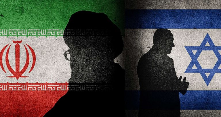 An illustrative image of the silhouettes of Iranian Supreme Leader Ali Khamenei and Israeli Prime Minister Benjamin Netanyahu set to a backdrop of their respective countries' flags.