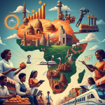 The image features diverse African individuals and symbols of economic development like trains and shipping, all conveying an optimistic vision of shared prosperity