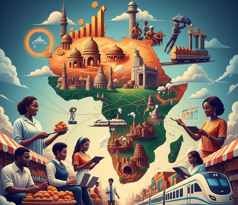 The image features diverse African individuals and symbols of economic development like trains and shipping, all conveying an optimistic vision of shared prosperity