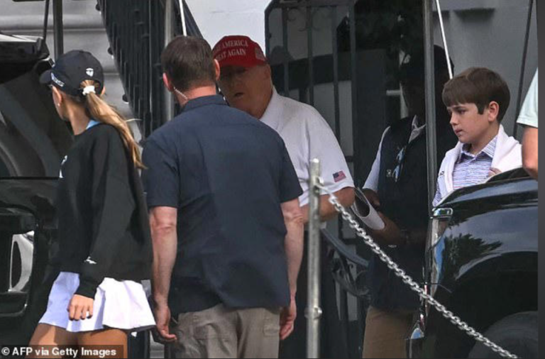 The outing came amid wild rumors surrounding the Repulican's health. Trump sported his go-to golf outfit - black pants, a white polo shirt and his signature red MAGA hat