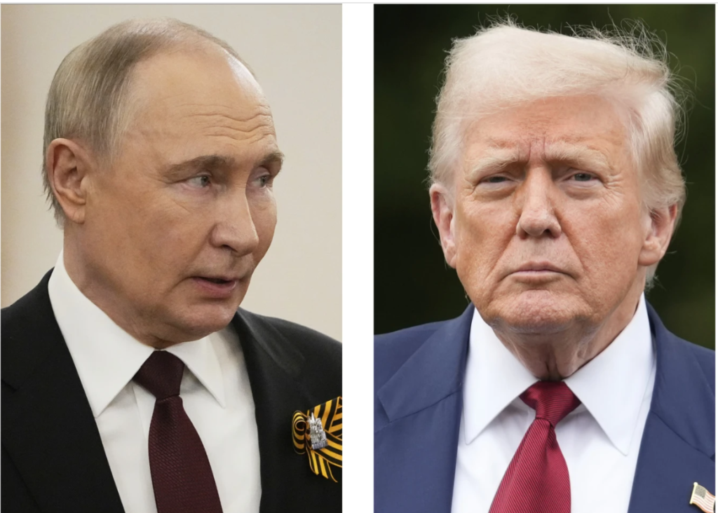 This combination of photos shows Russian President Vladimir Putin, left, in Moscow on May 9, 2025, and President Donald Trump in Washington AP